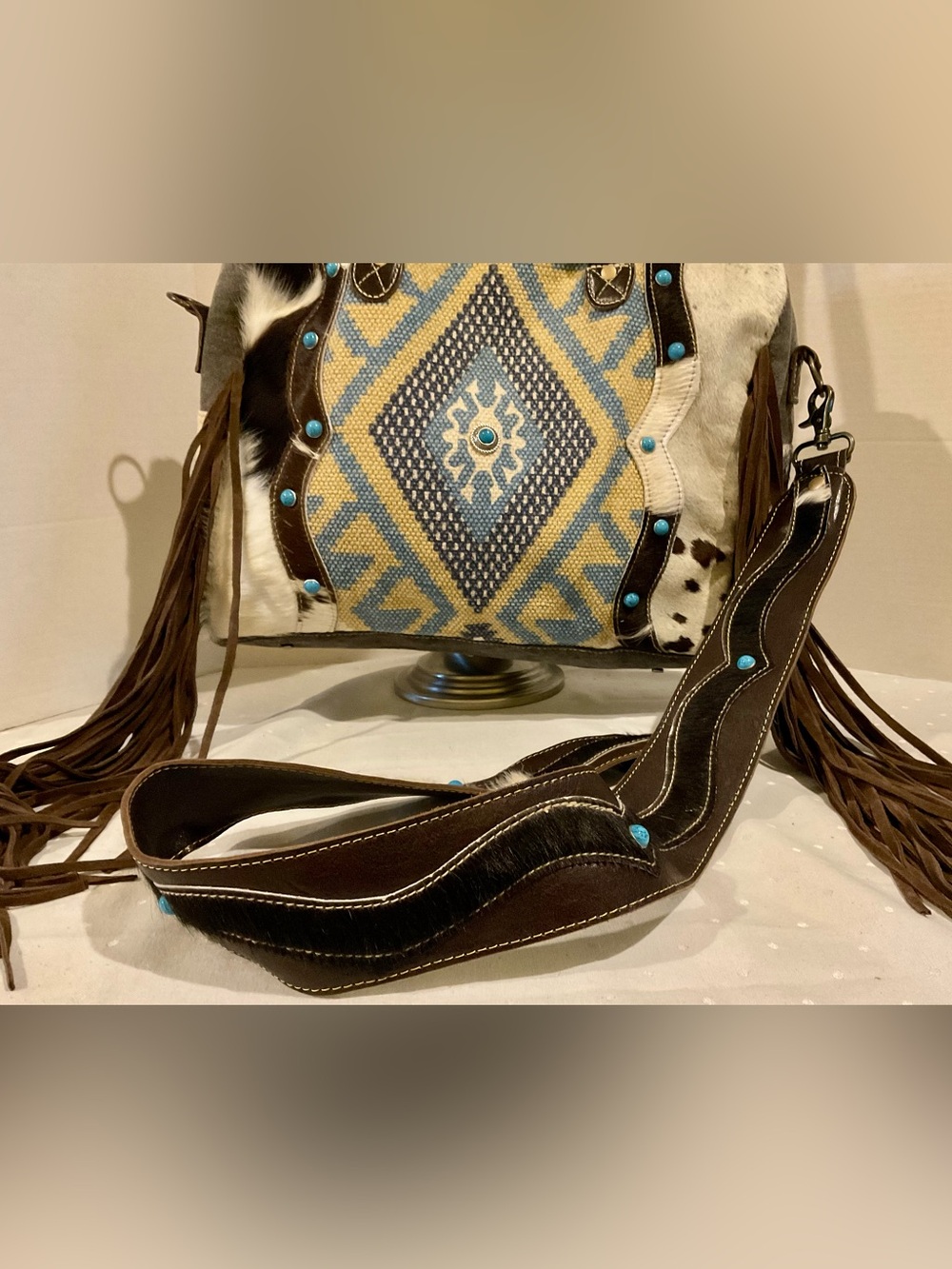 MYRA NEEDLEPOINT HANDBAG, LEATHER & HAIR CALF MATCHING GUITAR / SHOULDER STRAP - Picture 13 of 15